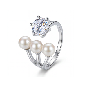 Bague ajustable en cuivre à triple coquille de perle, six griffes en zircon cubique, bande ouverte, bijoux de luxe en perles de coquillage pour femme, mariage, fiançailles - Product Image 1