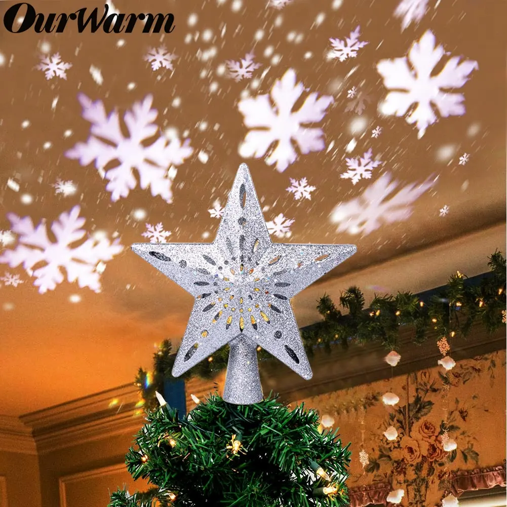 Ourwarm árvore de natal 3d, árvore de natal com glitter e estrela led, brinquedo de árvore de natal, projetor laser de floco de neve branco e embutido