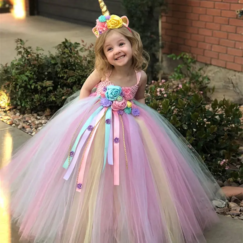 Princess Colorful Rainbow Pink Halter Tutu Child Kid Baby Unicorn Dresses Girls Unicorn Dress for 1-11 Years Girl