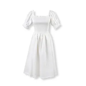 Family matching style short sleeve white color girls summer holiday smocked cotton long smock dresses for toddler girl