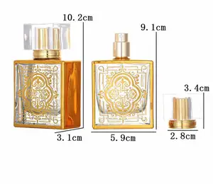 Di lusso a buon mercato cosmetico Arabesque dorato quadrato 50ml bottiglia di profumo di vetro bottiglia di profumo bottiglia di profumo Spray flacone