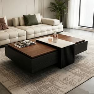 Modern Coffee <b>Table</b> Set with Large Self-Closing Storage Drawer Movable Frosted <b>Glass</b> <b>Side</b> Fluted Living Room Furniture - Product Image 1