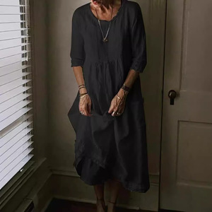 2026 Solid Color High Waist Women Garment Cotton Pleated Loose Literary Dress - Product Image 4