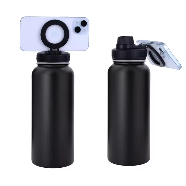Custom Logo Doule Wall Vacuum Insulated 304 Stainless Steel Thermos Magnet Water Bottle with Magnetic Cell Phone Holder