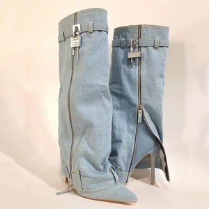 Denim Metallic Lock Shark <b>Boots</b> Cowgirls Zipper Thin Heels Knee High Booties Women Pointed Toe Runway Party Shoes for Lady - Product Image 3