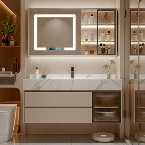 Meuble-lavabo de salle de bain moderne de luxe avec miroir intelligent, résistant à l'eau, éco-responsable, vasque en céramique, armoire en PVC et lavabo WC - Product Image 6