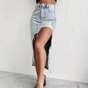 Jupe en jean pour femme, prix de gros, simple, droite, 100% coton, vintage, délavée à l'acide, longue, effet usé - Product Image 6