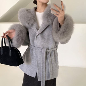 Abrigo de Lana <span class=keywords><strong>con</strong></span> <span class=keywords><strong>Capucha</strong></span> y Ribete de Piel de Zorro Auténtica para <span class=keywords><strong>Mujer</strong></span>, Abrigo de Doble Cara <span class=keywords><strong>con</strong></span> Cinturón, Chaqueta de Piel de Animal de Lujo para Invierno - Product Image 3