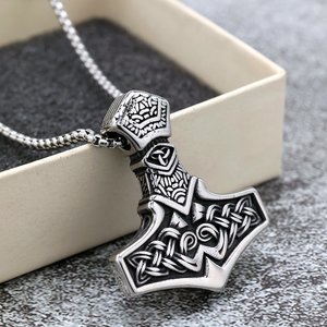 yunnique Vintage Stainless Steel Men's Thor Hammer Pendant <b>Necklace</b> With <b>Celtic</b> Knot Design For Gift And Clothing Matching - Product Image 1