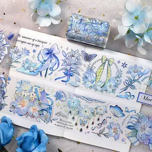 3 Designs 2m/Rolle BLUE LILY Serie durchsichtiges und mattes PET-Band dekorativer Blumenaufkleber für DIY Kunstkarte Journal-Staftwaren