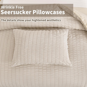 Juego de cama de Seersucker beige King Size Puckering Seersucker Poliéster suave 2 fundas de almohada y funda nórdica con cierre de cremallera - Product Image 5