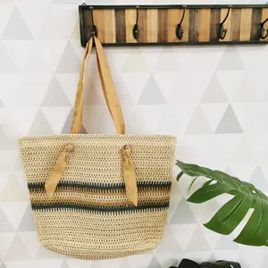 Fashion Square Stripe Handmade Paper Rope Weaving Woven Paper Braid Straw Beach Tote Bags Crochet Handbag for Women