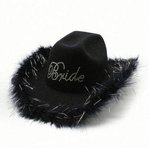 Chapeaux Fedora en feutre poly-coton en gros, en stock, blancs, pour mariage, fête, bordure en plumes brillantes, style pêcheur - Product Image 3