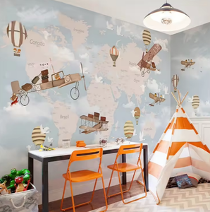 Papier peint pour enfants Garçons Filles Maternelle Chambre Fond d'écran Cartoon Avion Carte du monde Papier peint - Product Image 2