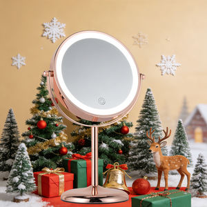 Op maat gemaakte LED bruine ronde staande tafelspiegel met LED-verlichting, ronde slaapkamerspiegel met vergroting, dubbelzijdige make-upspiegel - Product Image 6