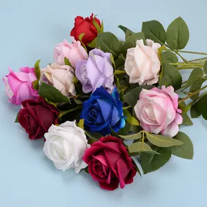 Atacado de rosa vermelha de veludo artificial, flor para casamento e decoração de casa, rosas falsas