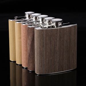 Custom Logo 6oz Stainless Steel Hip Flask Wood Grain <b>Wrap</b> Whiskey Bottle Portable Metal Pocket Liquor Flask for Business Gift - Product Image 5