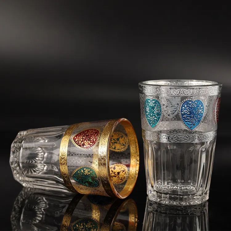 6 pièces 6OZ gobelet en verre marocain luxe argent et or décalcomanie turc verre tasse à thé gobelet