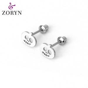 Zoryn 316L Stainless Steel Silver Plated Screw <b>Back</b> Stud <b>Earrings</b> Skull Hollow Out Hypoallergenic Tarnish Resistant for Women - Product Image 1