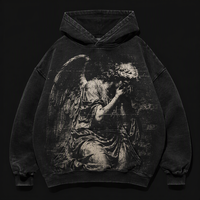 Sweat à capuche oversize épais pour homme, 100% coton, en molleton vintage, délavé à l'acide, avec imprimé ange pleurant gothique, style streetwear, personnalisé ODM