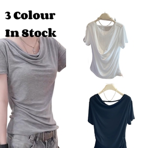 Camiseta de manga corta con espalda descubierta de encaje Modal de verano para mujer de Super Design con camisa base de cuello oscilante gris - Product Image 1