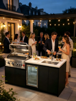 Centre de cuisson extérieur moderne et confortable avec barbecue au gaz intégré, évier en acier inoxydable et mini-réfrigérateur pour les barbecues de week-end en famille