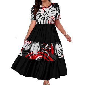 Mejor Precio Personalizado Isla del Pacífico Arte Diseño Puff Vestidos de manga corta Mujeres Vestido de cuello redondo Estilo retro Vestidos de varios niveles - Product Image 2