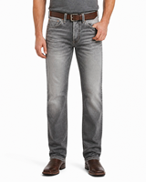 Jean droit gris délavé pour homme, taille mi-haute vintage, 5 poches, avec patch en cuir, personnalisable, vente en gros, usine OEM