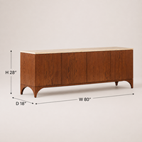 Meuble TV moderne et minimaliste avec plateau en pierre, base arquée sans poignées, 4 portes, en bois, avec plateau en travertin pour salon