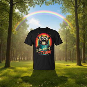 Camiseta Be In Awe Of My Tism con diseño de mapache arcoíris para concienciación sobre el autismo - Product Image 3