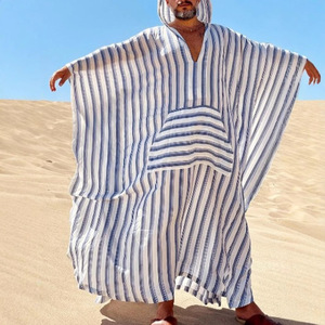 Al por mayor Túnica Saudí para Hombre con Capucha Transpirable, Jubba Islámica Musulmana, Caftán Árabe, Vestido Abaya, Trajes con Rayas Azules - Product Image 3