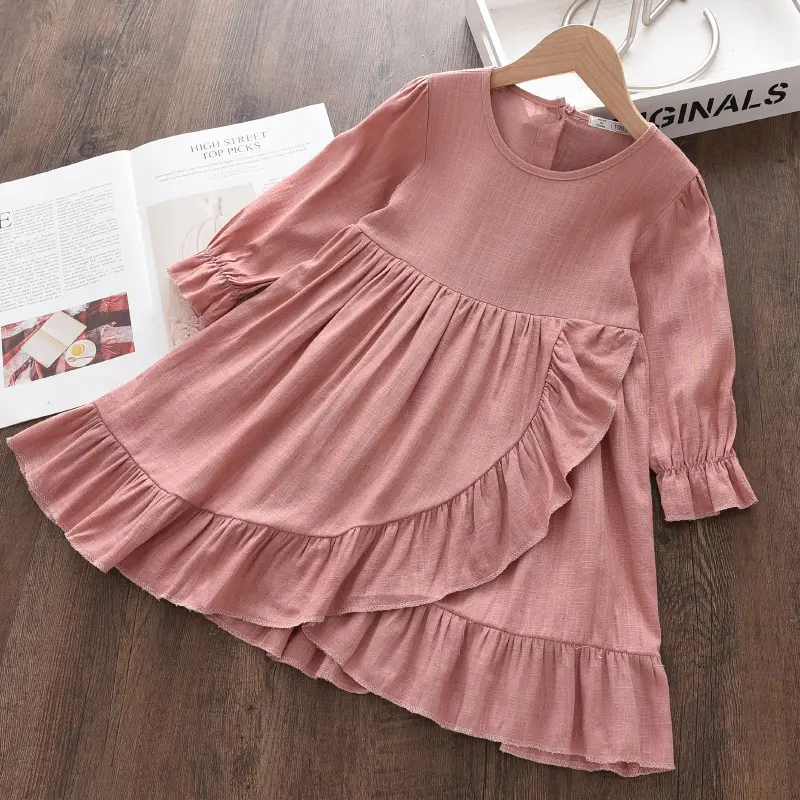 Vestido de algodão bebê menina rosa, de manga longa plissado vestidos de festa primavera outono