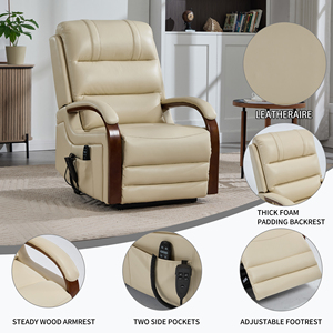 <span class=keywords><strong>Fauteuil</strong></span> inclinable élévateur en cuir beige Power Position infinie à double moteur jusqu'à 350 LBS avec accoudoirs en bois massif - Product Image 2