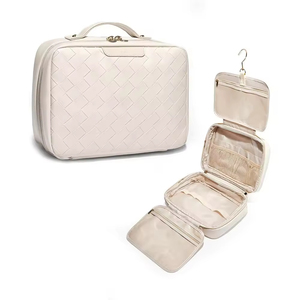 Luxury PU Leather Hanging <b>Makeup</b> <b>Bag</b> 4 <b>Compartments</b> Waterproof Travel Toiletry <b>Bag</b> <b>with</b> Handle - Product Image 1
