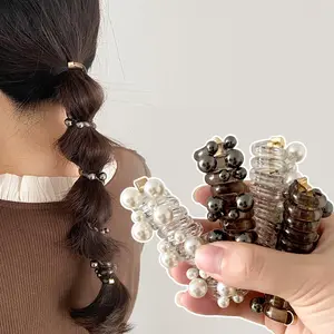 Fashion Colorful Pearl Phone Cord Wire Hair Bands Waterproof Hair Coils No Damage Kids Girls Telephone Straight Spiral Hair Ties