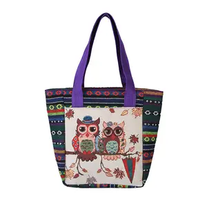 Etnische Print Boodschappentas Bohemian Handtas Canvas Draagtas Inheemse Strand Aangepaste Dames Schoudertas Uil Jute Tote