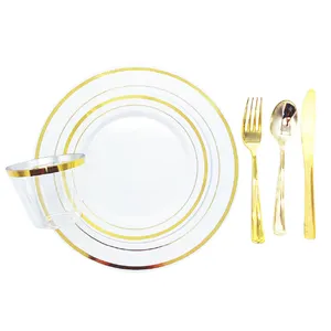 150 pièces assiettes en <span class=keywords><strong>plastique</strong></span> doré fournitures de fête <span class=keywords><strong>vaisselle</strong></span> <span class=keywords><strong>jetable</strong></span> avec couverts en <span class=keywords><strong>plastique</strong></span> assiettes de chargeur en <span class=keywords><strong>plastique</strong></span> or - Product Image 3