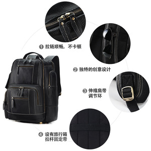 Men's Large Capacity <b>Backpack</b> Top-Grain Cowhide Laptop Bag Business Travel Shoulder <b>Straps</b> Solid Color Black - Product Image 3