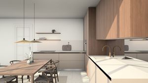 Meubles de cuisine modernes en bois chaud texturé, lignes épurées et lumière naturelle douce, noyer gris <span class=keywords><strong>Achat</strong></span> - Product Image 5