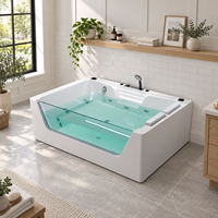 Baignoire à double hydromassage avec panneau frontal transparent, baignoire rectangulaire multifonctionnelle en acrylique avec système multi-jets et douchette à main