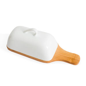 Creativo Plato de Mantequilla de Cerámica con Base de Madera, Rectangular Blanco con Tapa Abatible para Uso en Hoteles y Fiestas - Product Image 1