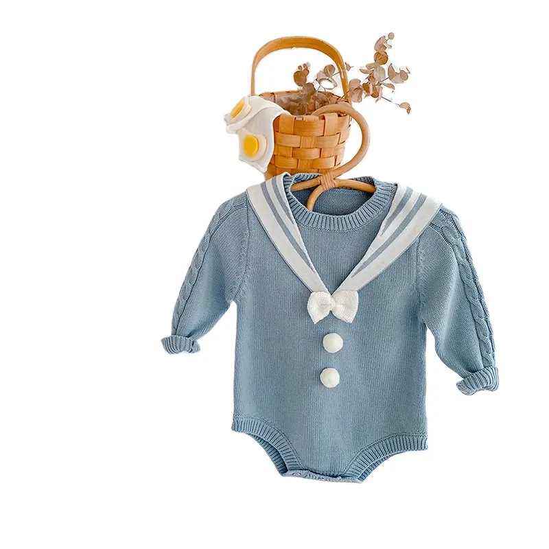 Sweater bayi baru lahir 2024 baru lahir bayi kerah biru dongker pita wol Jumpsuit baju tertutup kentut segitiga baju mendaki untuk bayi perempuan