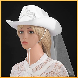 Cappello da Cowboy da Sposa con Velo e Corona di Strass, Set Combinato, Cappello Nuziale per Decorazioni per Addio al Nubilato e Regalo per la Futura Sposa - Product Image 3