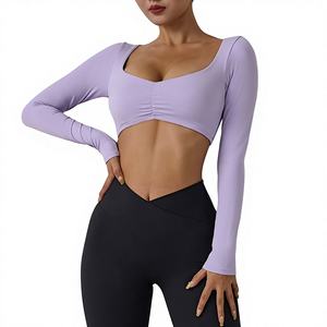 T-shirt de yoga à manches longues pour femme, effet seconde peau, en Spandex/Nylon, anti-transpiration, coupe ajustée pour le sport et le fitness - Product Image 1