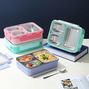 Kotak Bento untuk anak-anak dan dewasa 850ML plastik SUS304 3 kompartemen kotak makan siang wadah penyimpanan makanan dengan sendok sumpit alat makan