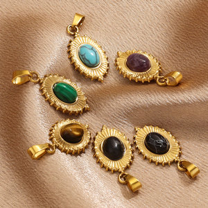 Colgantes Ovalados de Piedra Natural con Diseño de Rayos de Sol |   Acero Inoxidable Chapado en Oro PVD de 18K y Piedras Ovaladas para la Fabricación de Joyas - Product Image 4