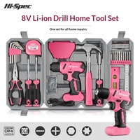 Ensemble de tournevis électrique rechargeable Hi-Spec 8V, étui rigide, acier au chrome-vanadium, léger, usage domestique, perceuse pistolet rose