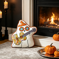 Coussin en peluche fantôme d'Halloween, brodé avec une guitare, bordure à pompons, coussin décoratif doux pour la maison et le canapé