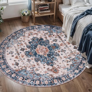 Area Indoor Living Room Bedroom <strong>Throw</strong> Non-Slip Nursery Vintage Turkish Persian <strong>Blue</strong> Printed Machine Washable Circle Round <strong>Rug</strong> - Product Image 3