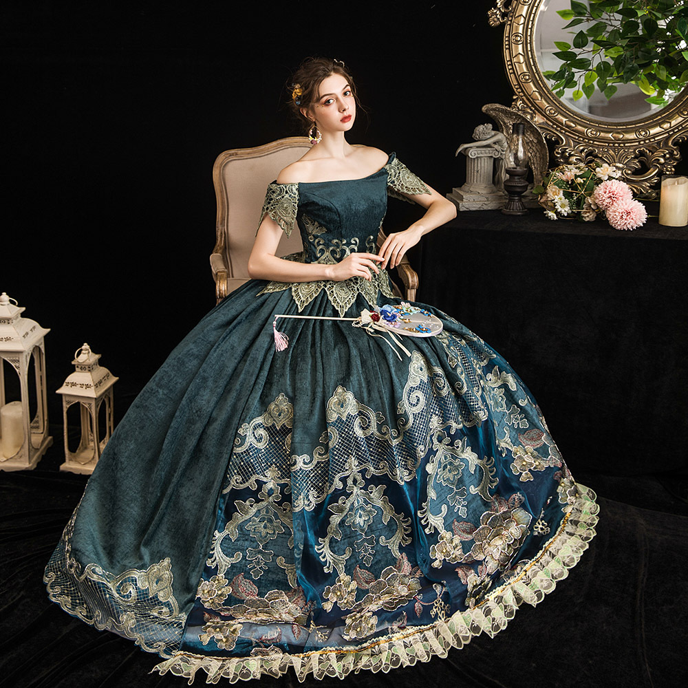green emerald velvet dress Crimson Velvet Renaissance Dress – Embroidered Vintage Outfit main image 0